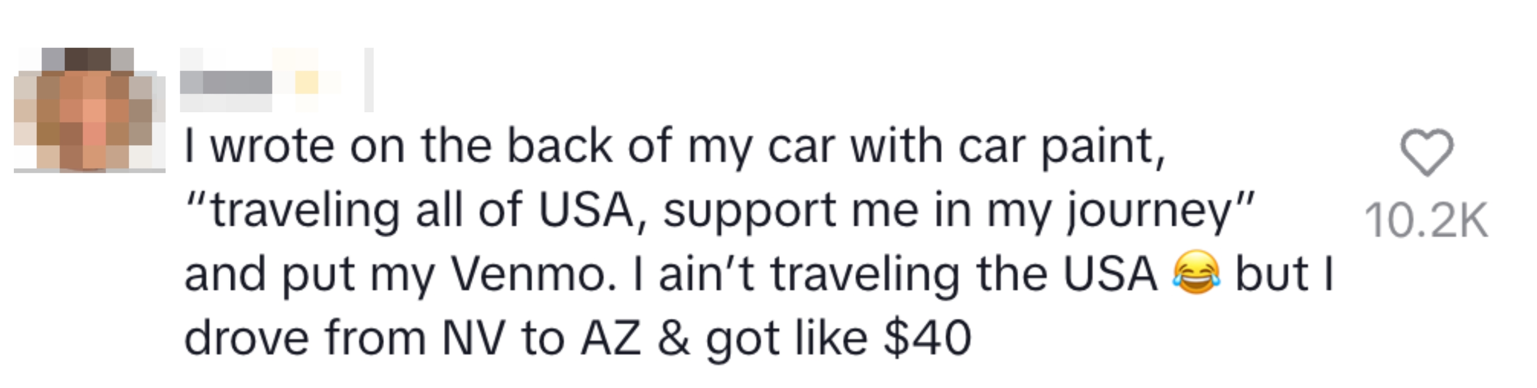 Jess humorously shares writing on her car for travel support via Venmo; drove from NV to AZ, earning $40 instead of traveling the USA