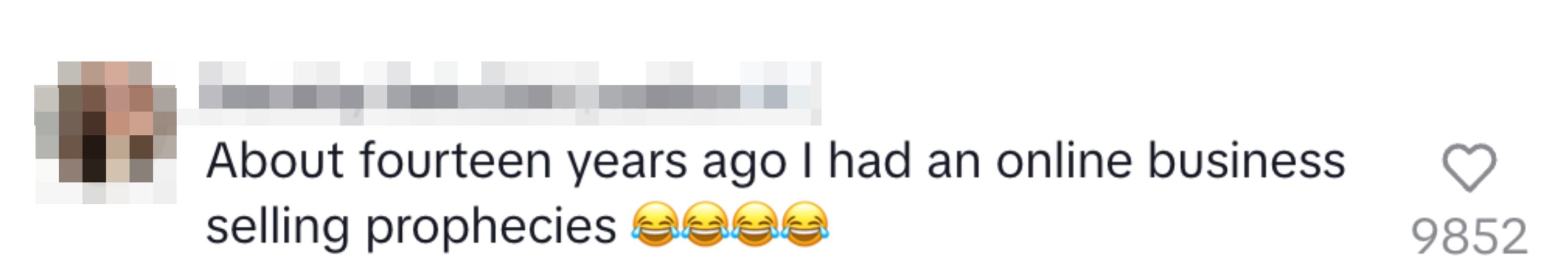 A social media post by Dorothy Kate Zett recalling an online prophecy-selling business from 14 years ago, with laughing emojis and 9,852 likes