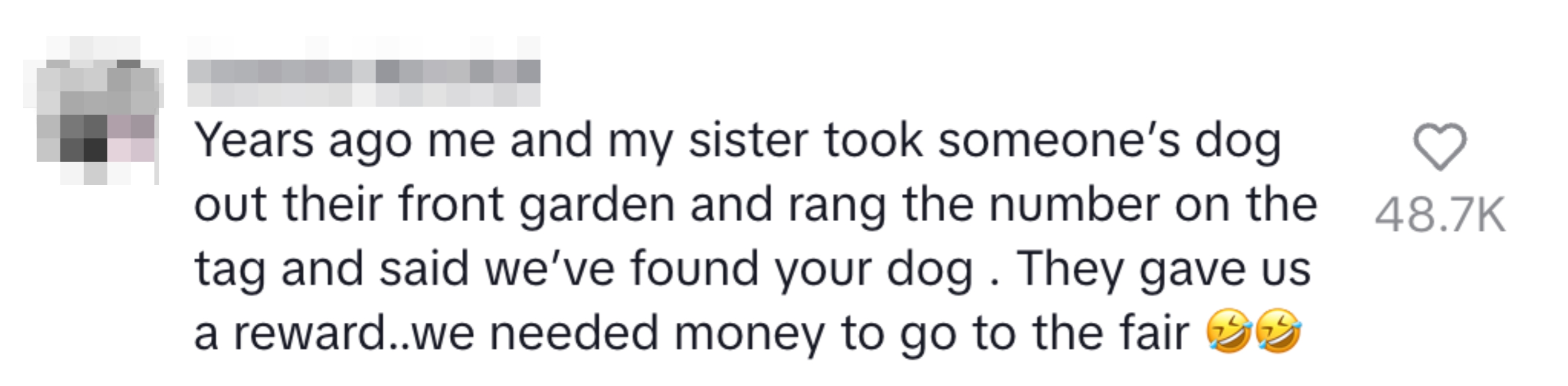 Comment by Sammie Marshall about taking a dog and receiving a reward to fund a trip to the fair. Laughter emojis included