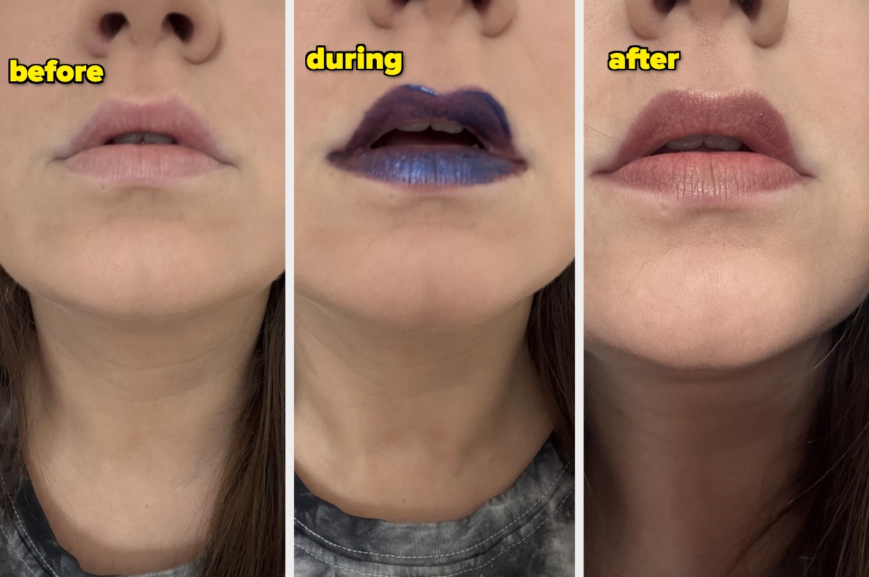 Before, during, and after lip stain application showing initial bare lips, bold dark hue during application, and a softer finished look