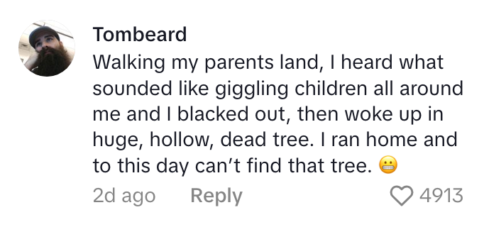 User comment about hearing giggling children, blacking out, and waking in a tree they can't find again