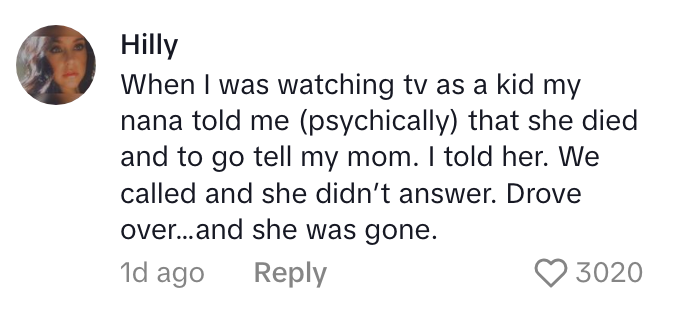 Comment about a psychic experience with a grandmother and a notification of her passing, including a recap of confirming her death