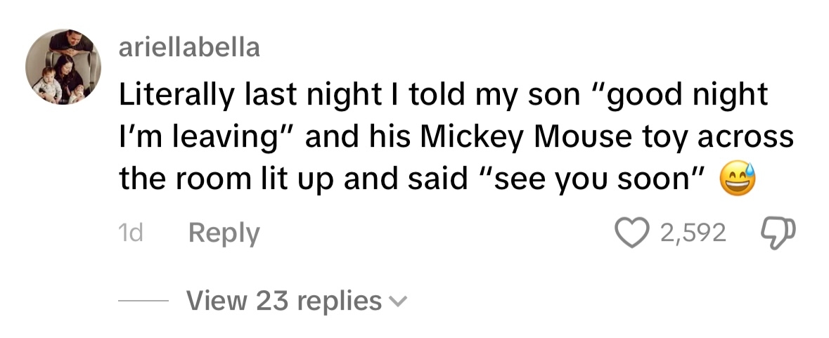 Social media post where a person shares a humorous story about a toy responding to them saying goodnight to their son