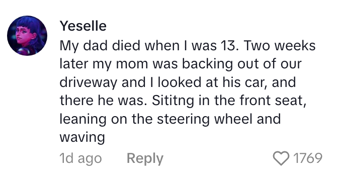 Comment about a person's childhood experience seeing their deceased father sitting in a car two weeks after his passing