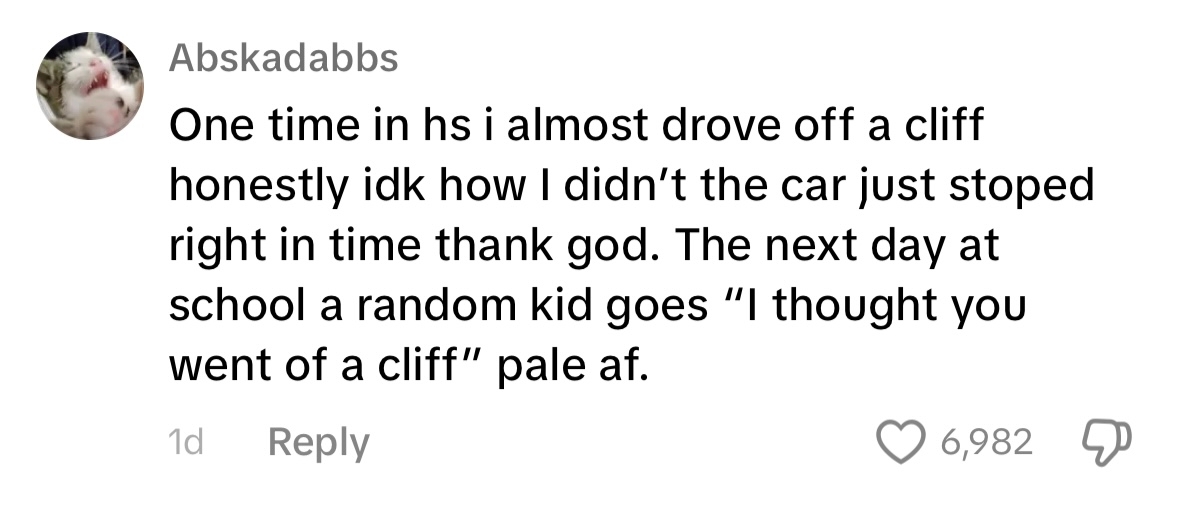 Comment recounts a near-miss car accident story in high school, followed by a spooky coincidence the next day at school
