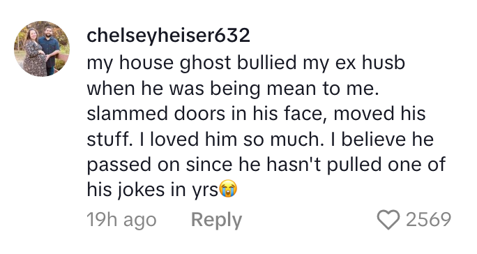Social media comment about a ghost helping someone deal with an ex-husband's behavior, followed by a joking remark