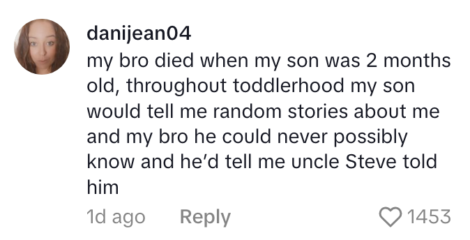 A comment describes how a child retells stories about their mother and her deceased brother, attributing them to &quot;uncle Steve.&quot;