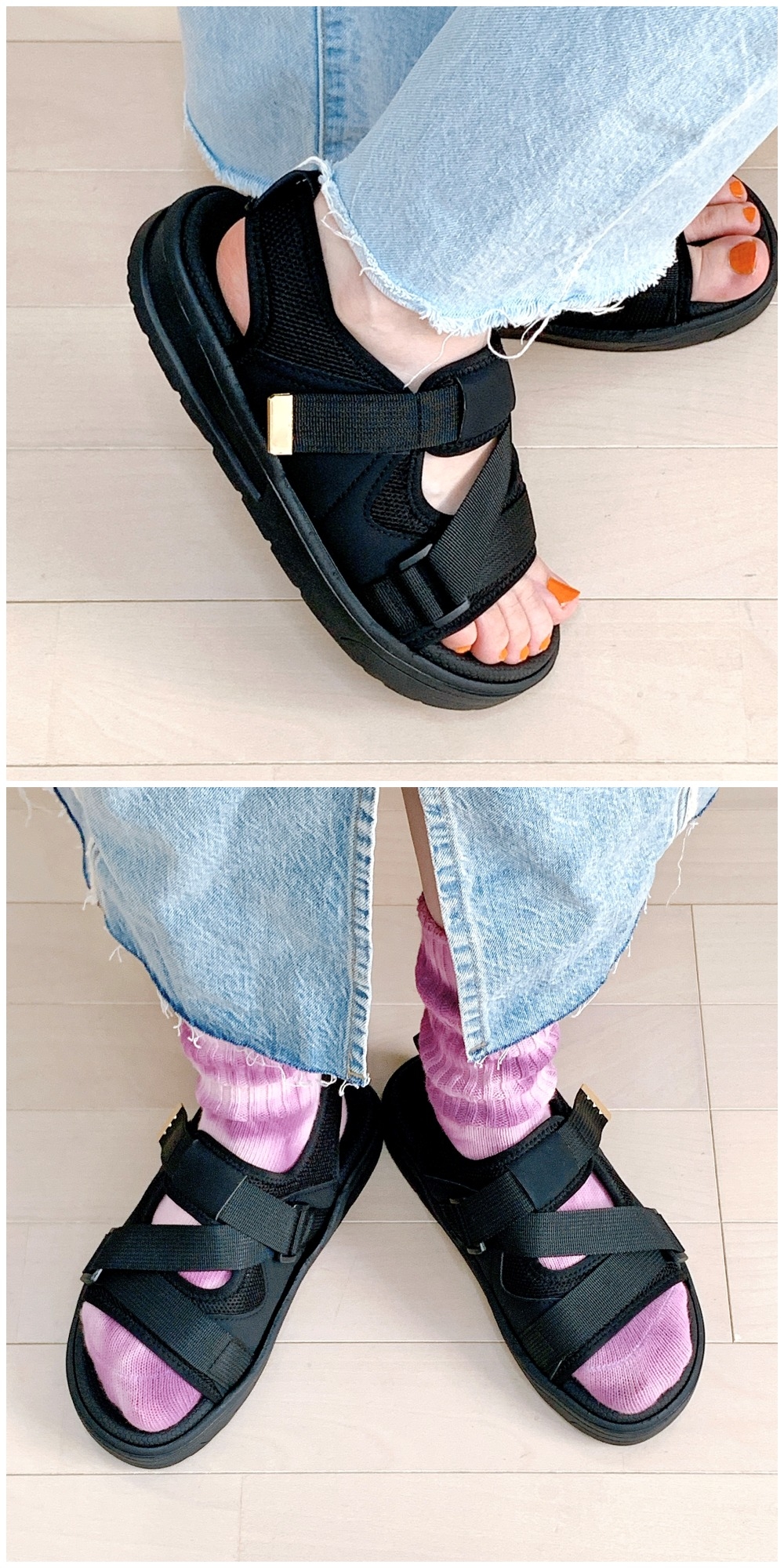 黒いサンダルを履いた足が2枚の写真にそれぞれ映されており、ジーンズとの組み合わせが見られる。
