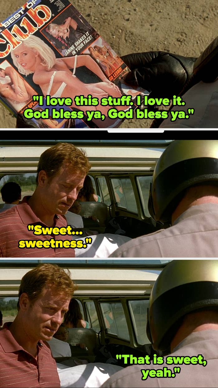 A cop looks at the adult magazines while saying he loves them; Richard replies 