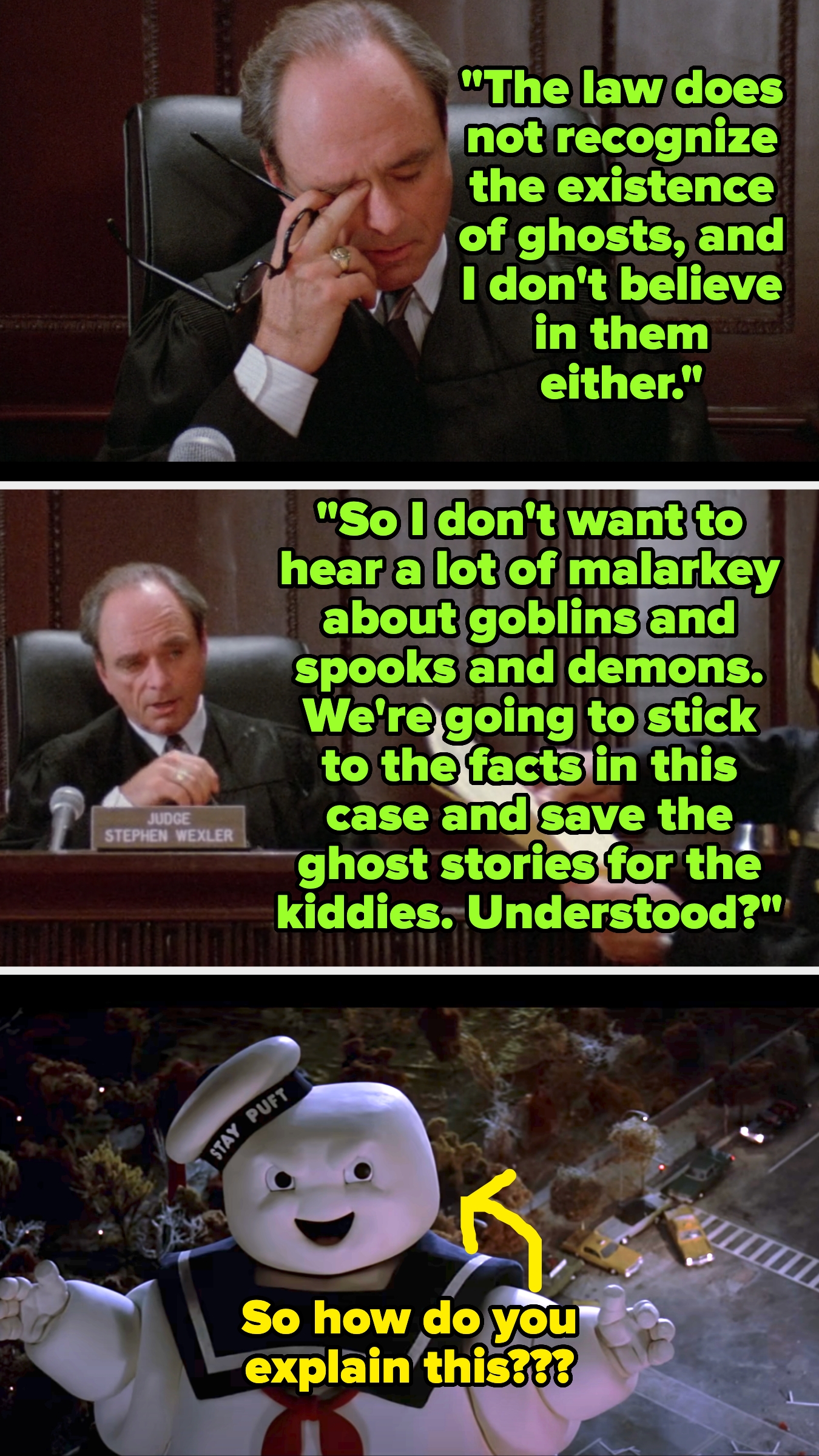 Scene from a movie: A man dismisses ghosts as fiction in a meeting; below, a giant marshmallow character looms, highlighting the irony