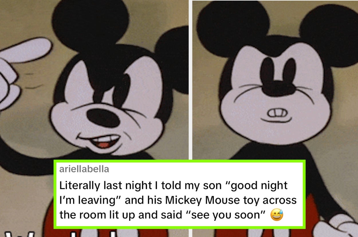 A scary looking Mickey with a screenshot about a Mickey toy responding to a mother telling her kid she is leaving
