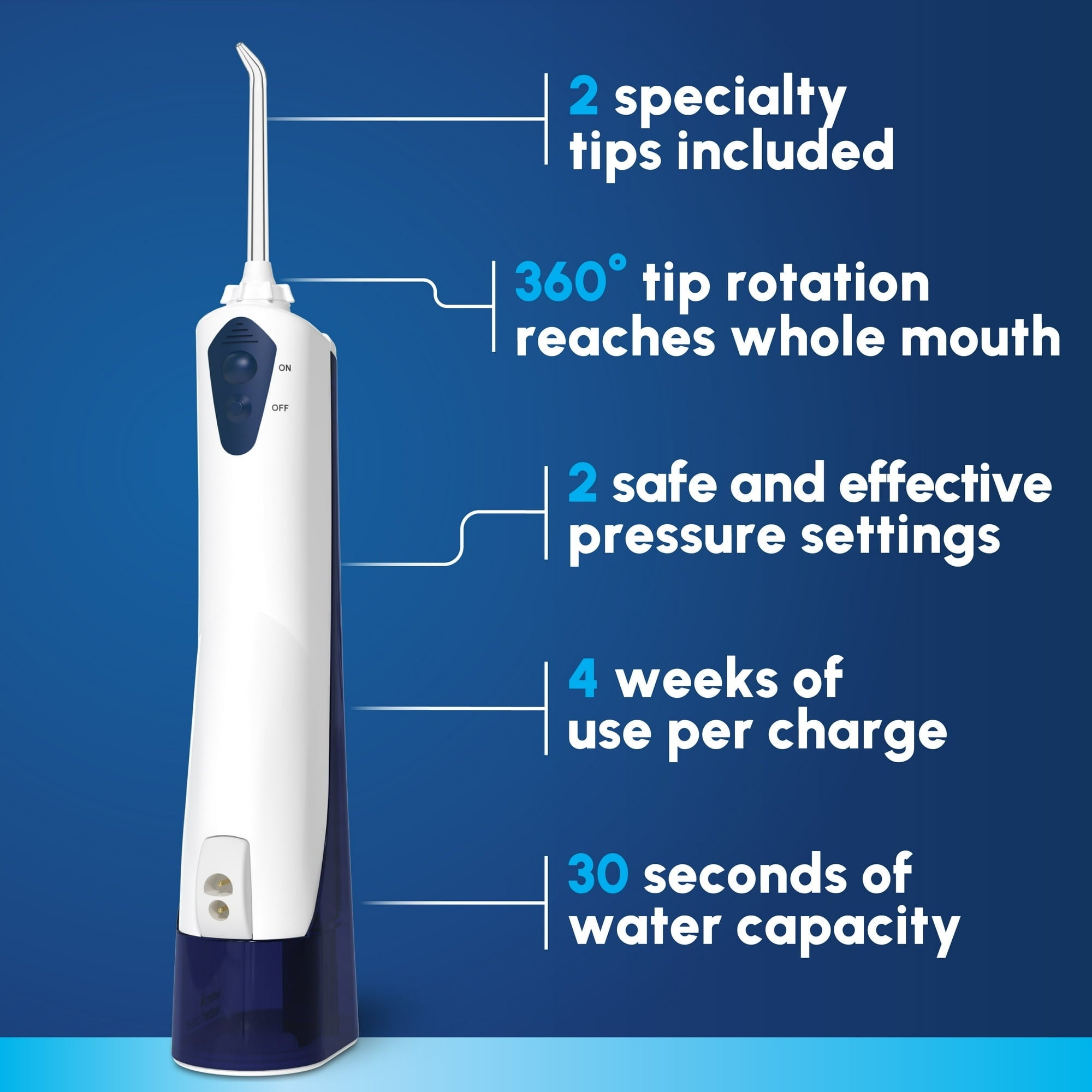 Flosser air dengan 2 ujung, rotasi 360 °, 2 pengaturan tekanan, masa pakai baterai 4 minggu, dan kapasitas air 30 detik