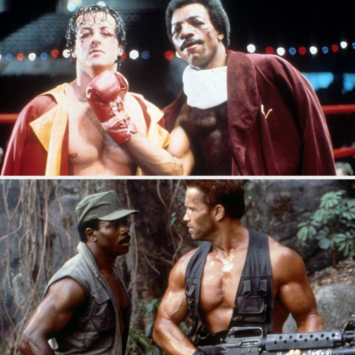 Two scenes: Top shows two boxers in a rink, bottom shows two muscular soldiers in a jungle, indicating action movie roles