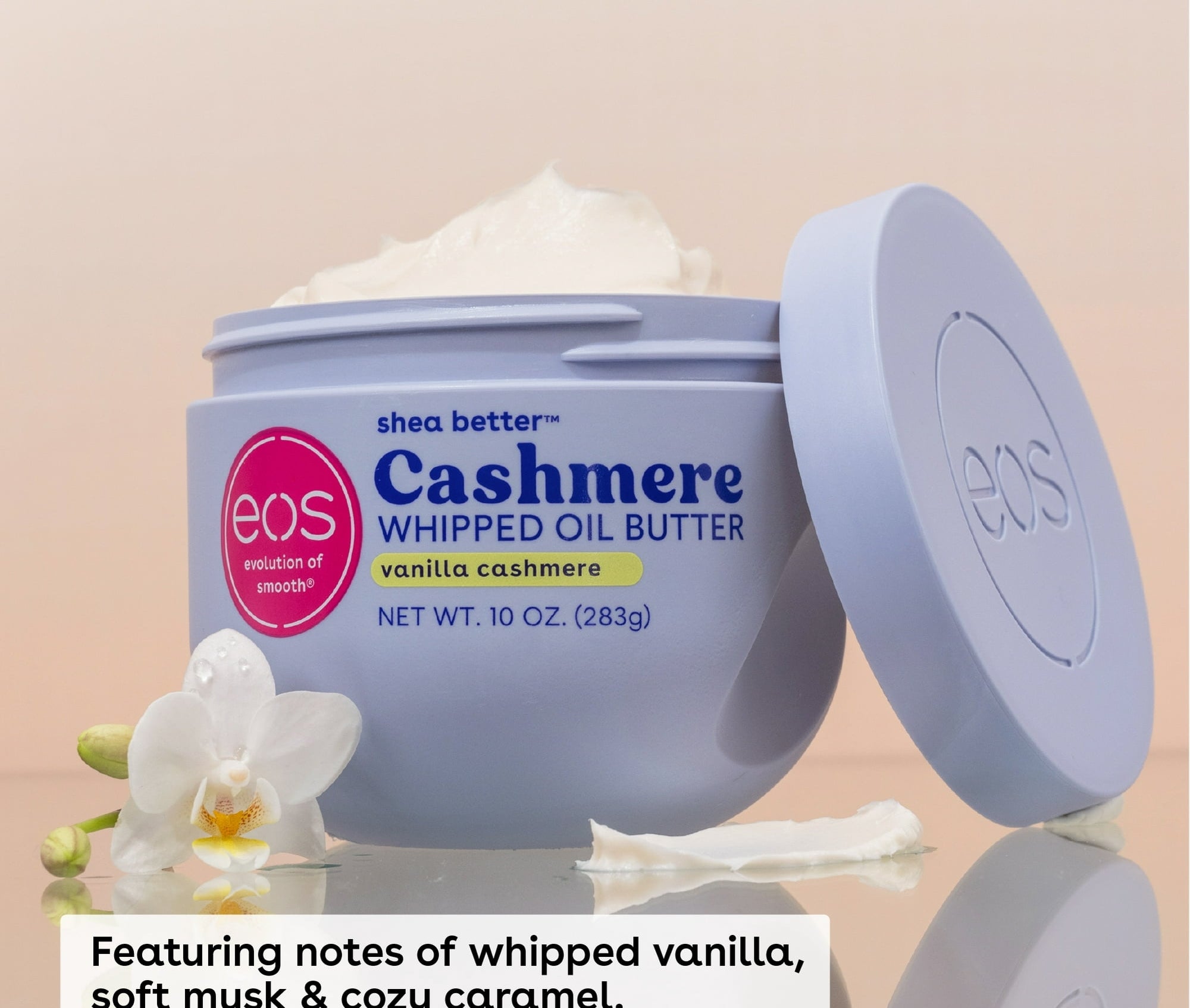 EOS Cashmere Whipped Oil Butter Container dengan tutupnya, menampilkan nada vanilla kocok, musk lunak, dan karamel yang nyaman