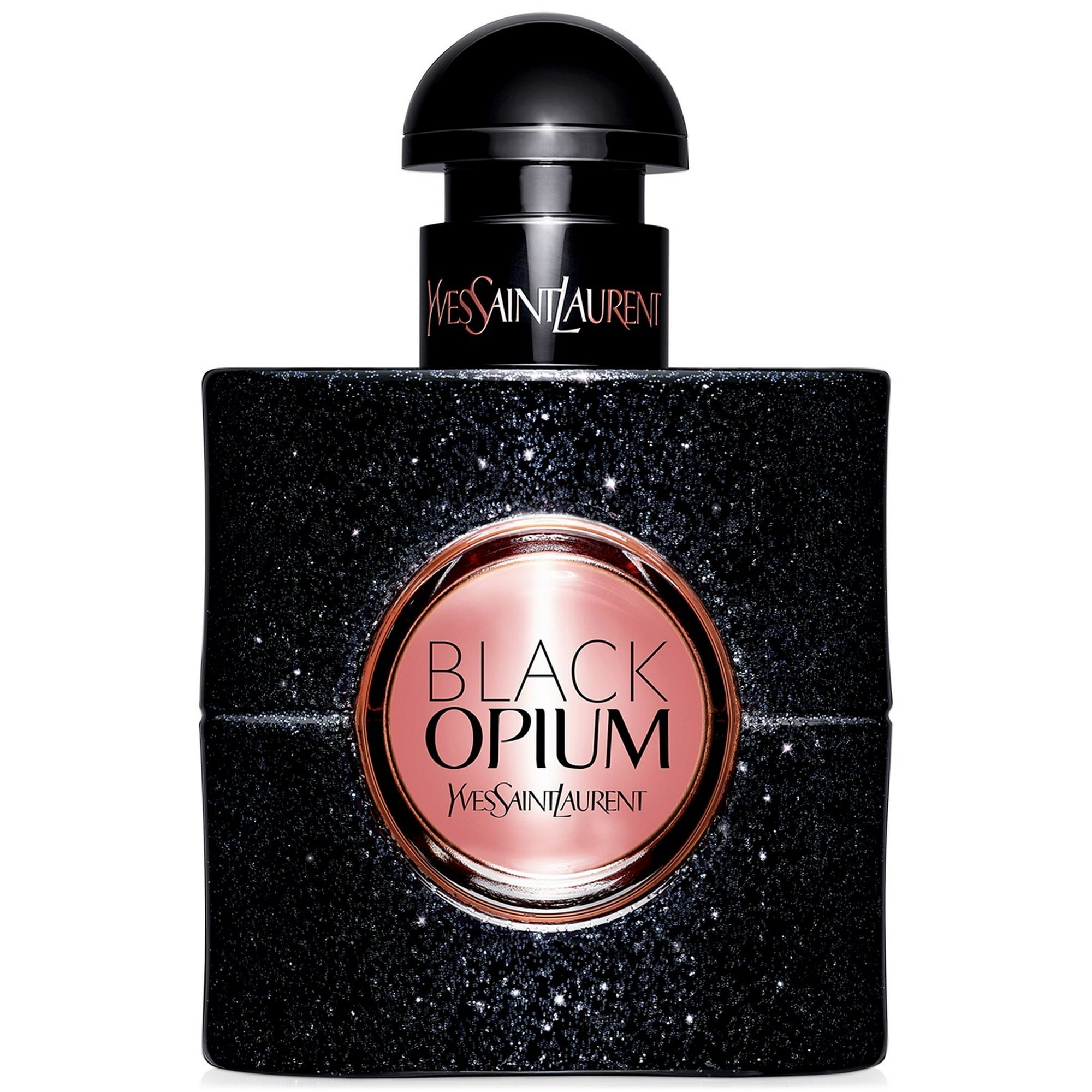 Yves Saint Laurent Black Opium Parfum Botol dengan label tembaga melingkar dan topi hitam bulat
