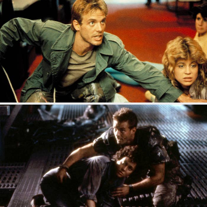 Top: A man and woman appear tense, crouched on the floor. Bottom: Two people in futuristic attire crouch together on a metallic surface