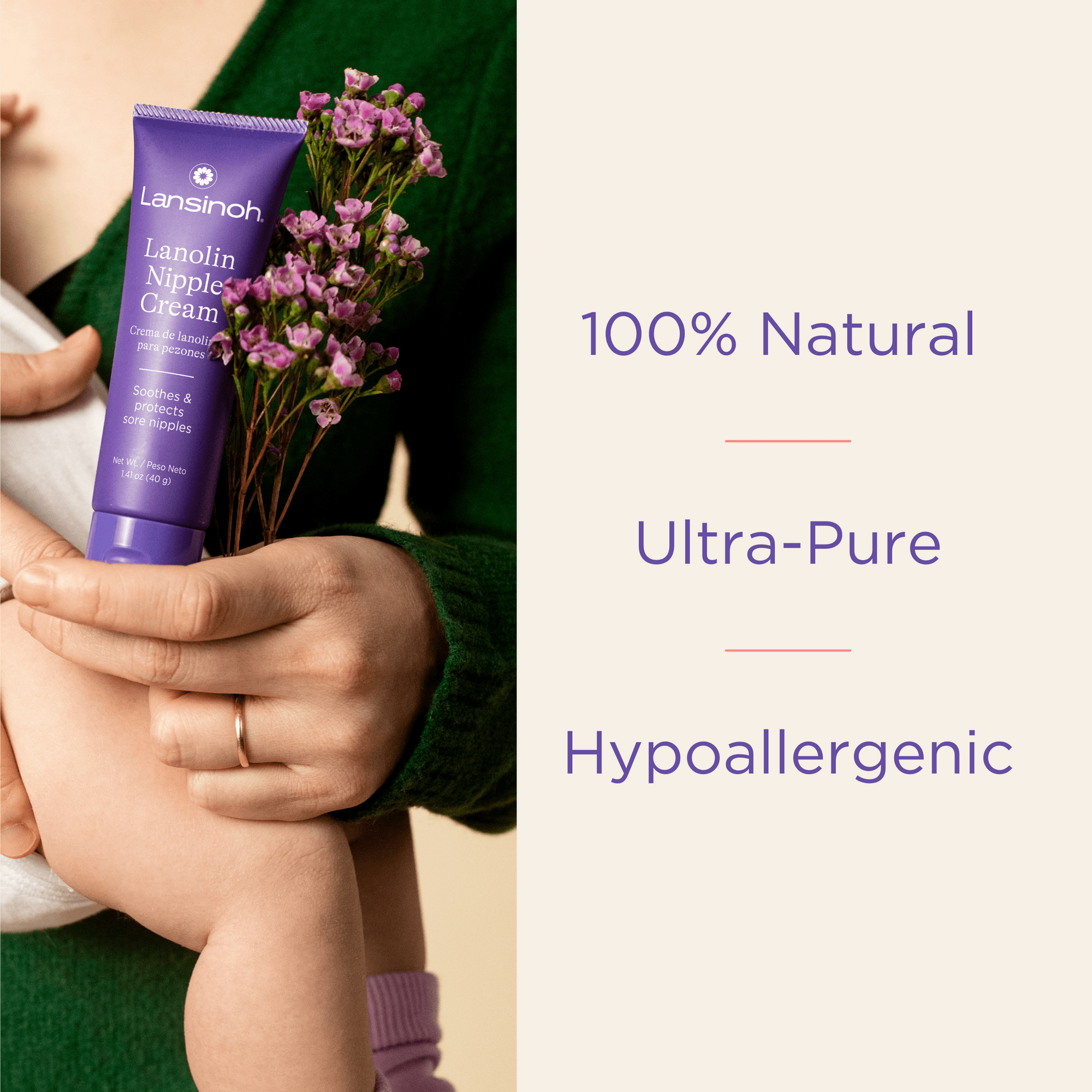 model holding a babe  and a Lansinoh Lanolin Nipple Cream tube, alongside substance   promoting its natural, ultra-pure, hypoallergenic qualities