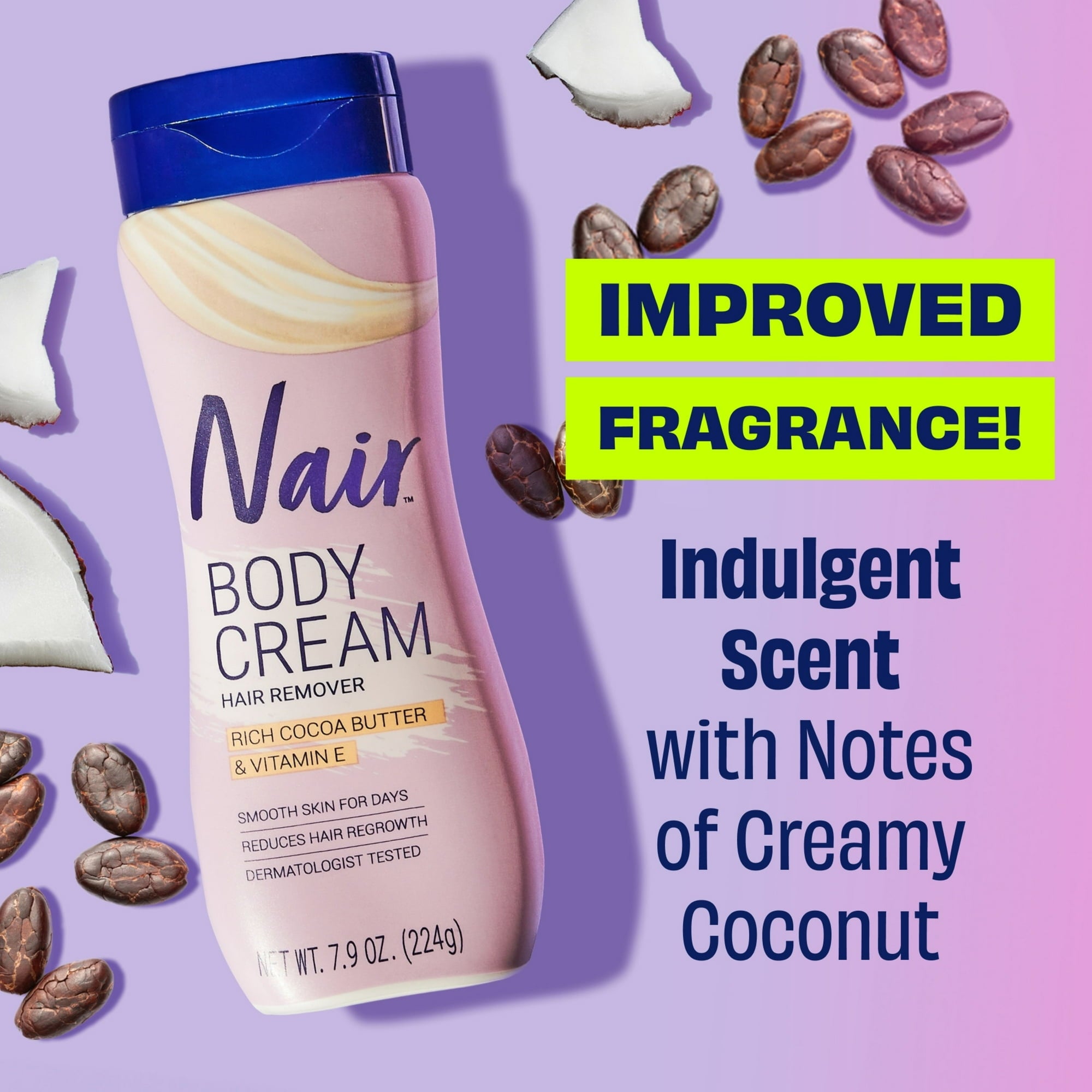 Krim tubuh nair dengan wewangian yang lebih baik, menampilkan mentega kakao yang kaya, vitamin E, dan aroma kelapa krim