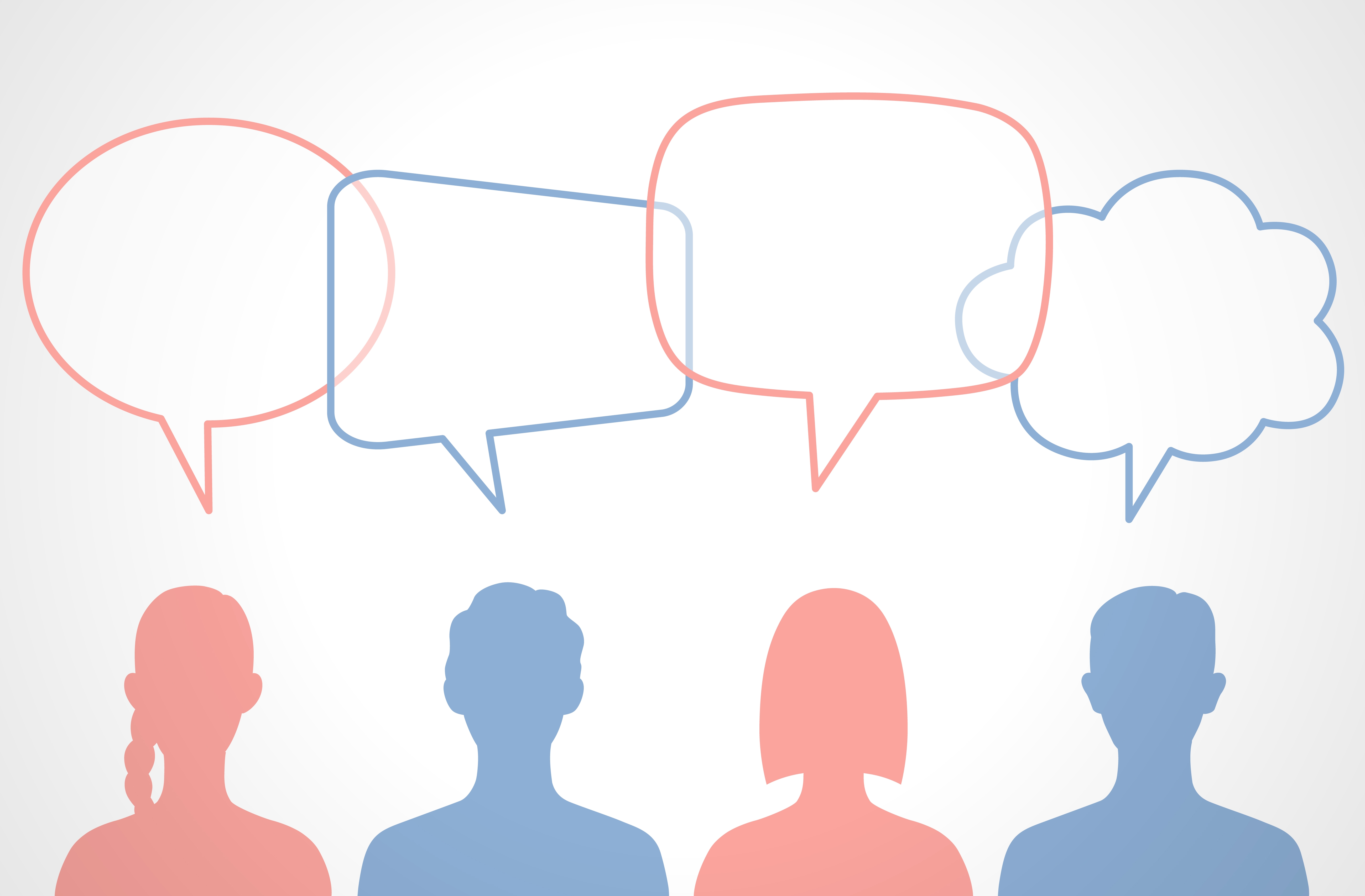 4人のシルエットと複数の吹き出しが並んでいるイラスト。吹き出しは会話や意見を表している。