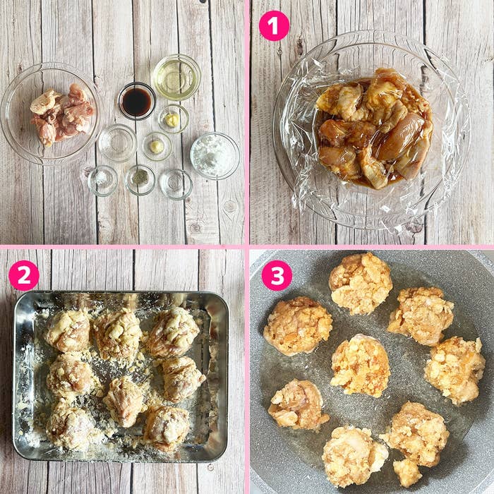 チキンの調理手順。1: マリネ中のチキン。2: 粉をまぶしたチキン。3: フライパンで揚げられているチキン。