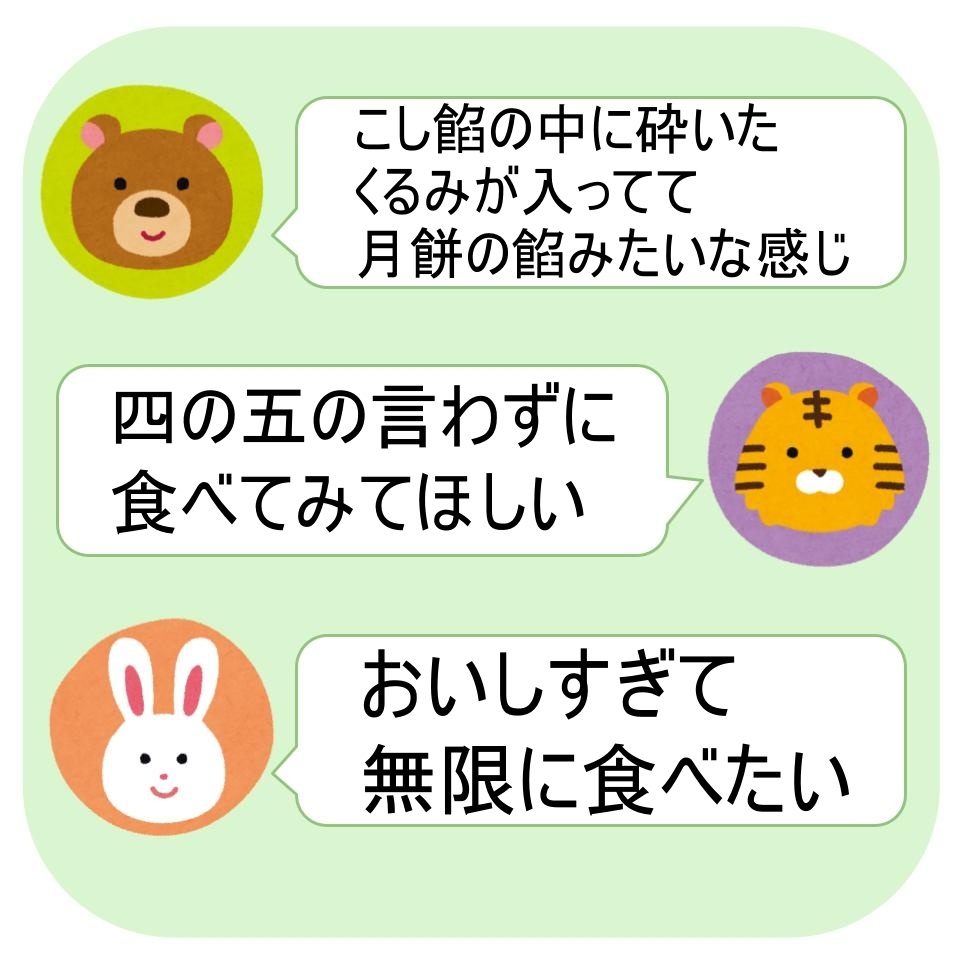 クマ、トラ、ウサギが月餅について歓談。テキスト:くるみ入りが良い感じ、ぜひ試して、無限に食べたい。