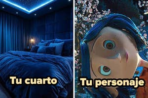 Habitación azul iluminada y personaje animado con cabello azul. Texto: "Tu cuarto" y "Tu personaje"