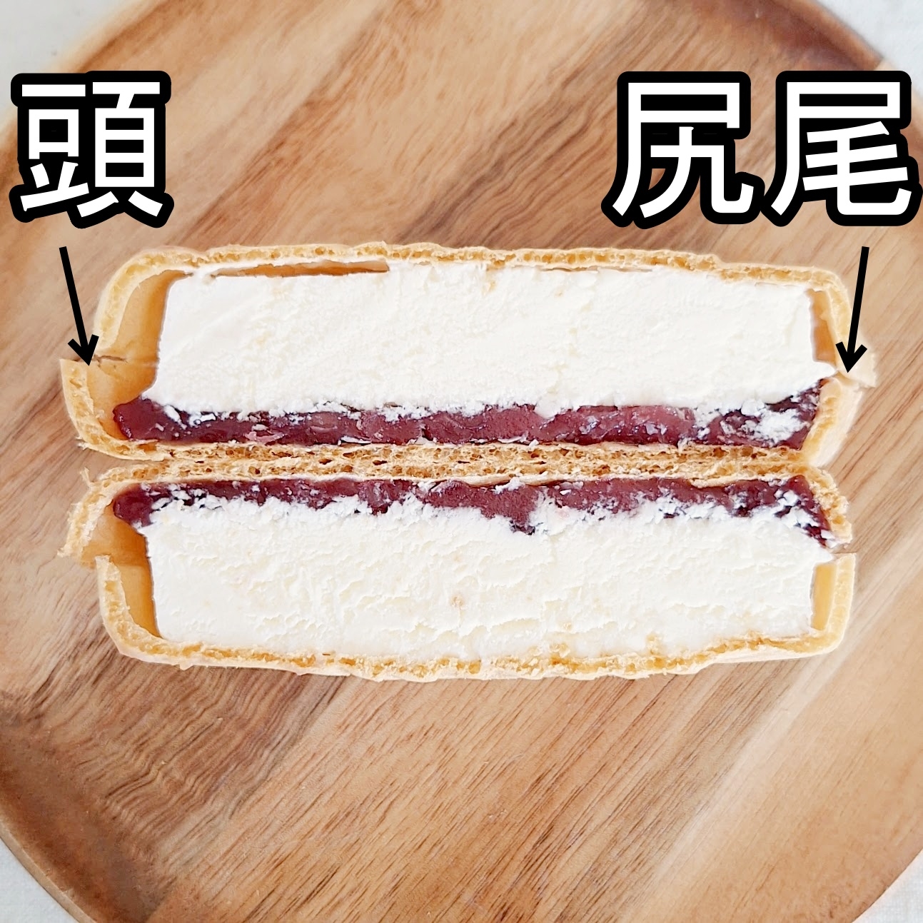 餅アイスが半分に切られ、頭と尻尾の部分が矢印で示されています。