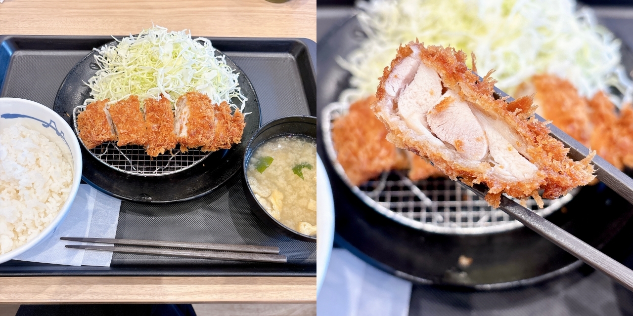 トレーに乗ったとんかつ定食。ご飯、味噌汁、キャベツ、分厚いとんかつが並んでいる。