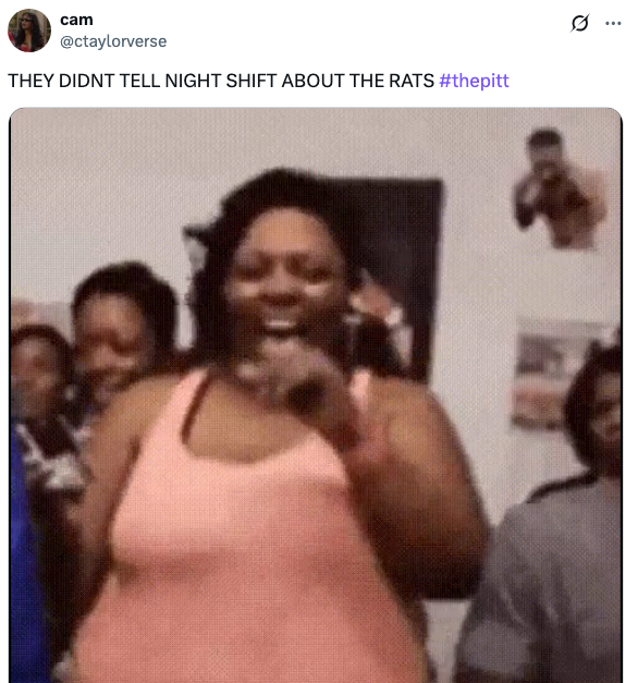 A person laughing with a tweet reading, "They didn't tell night shift about the rats"
