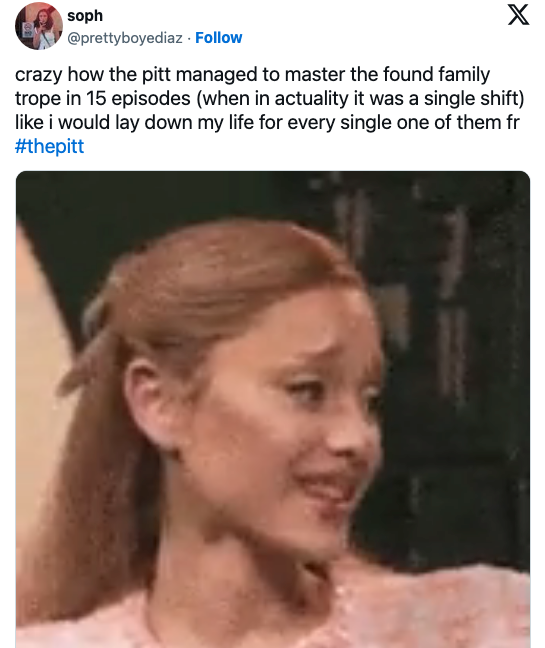 A meme of Ariana Grande crying, with a tweet talking about how The Pitt created a found family in only 15 episodes