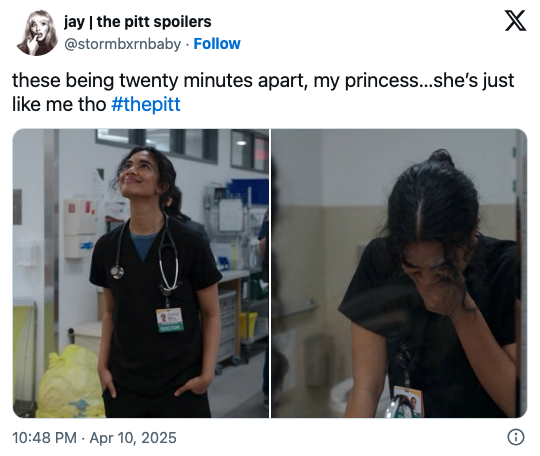Split image of Mohan smiling with stethoscope and later crying in a bathroom. The tweet talks about how these are only twenty minutes apart