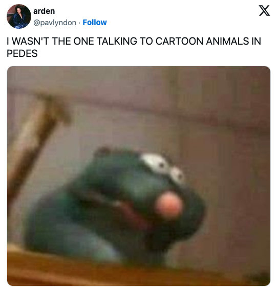 Blurred image of Remy from Ratatouille throwing up with the caption reading, "I wasn't the one talking to cartoon animals in pedes"