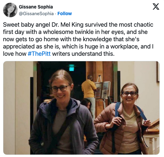 Mel walking with her sister and a tweet reading about how she made it through a chaotic first day and is still smiling