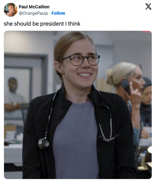 Mel with glasses and stethoscope smiles. Tweet above reads, "she should be president I think."