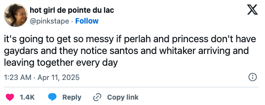 A tweet joking that Perlah and Princess if they don't have gaydar will be confused by Santos and Whitaker leaving work together every day