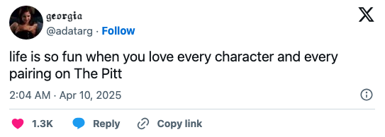Tweet stating, "life is so fun when you love every character and every pairing on The Pitt."
