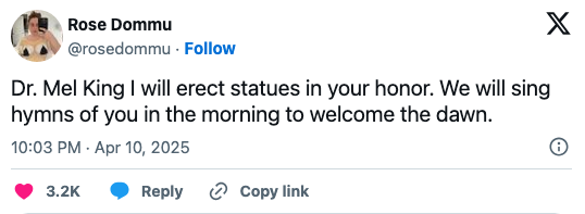 Tweet praising Dr. Mel King, promising to erect statues and sing hymns in the morning to honor her