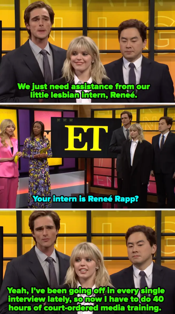 Three people on a mock set of "ET" during a comedy sketch, discussing a :little lesbian intern" named Reneé