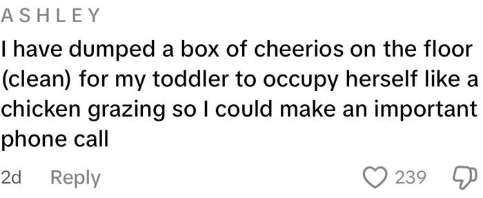 Comment about using Cheerios to entertain a toddler during a phone call