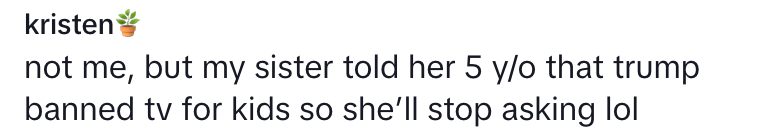 Text image: A person shares that their sister told her 5-year-old that Trump banned TV for kids to stop her from asking to watch it