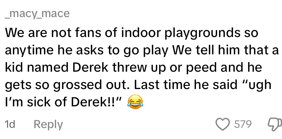 Text from an online comment about avoiding indoor playgrounds by blaming a fictional child named Derek