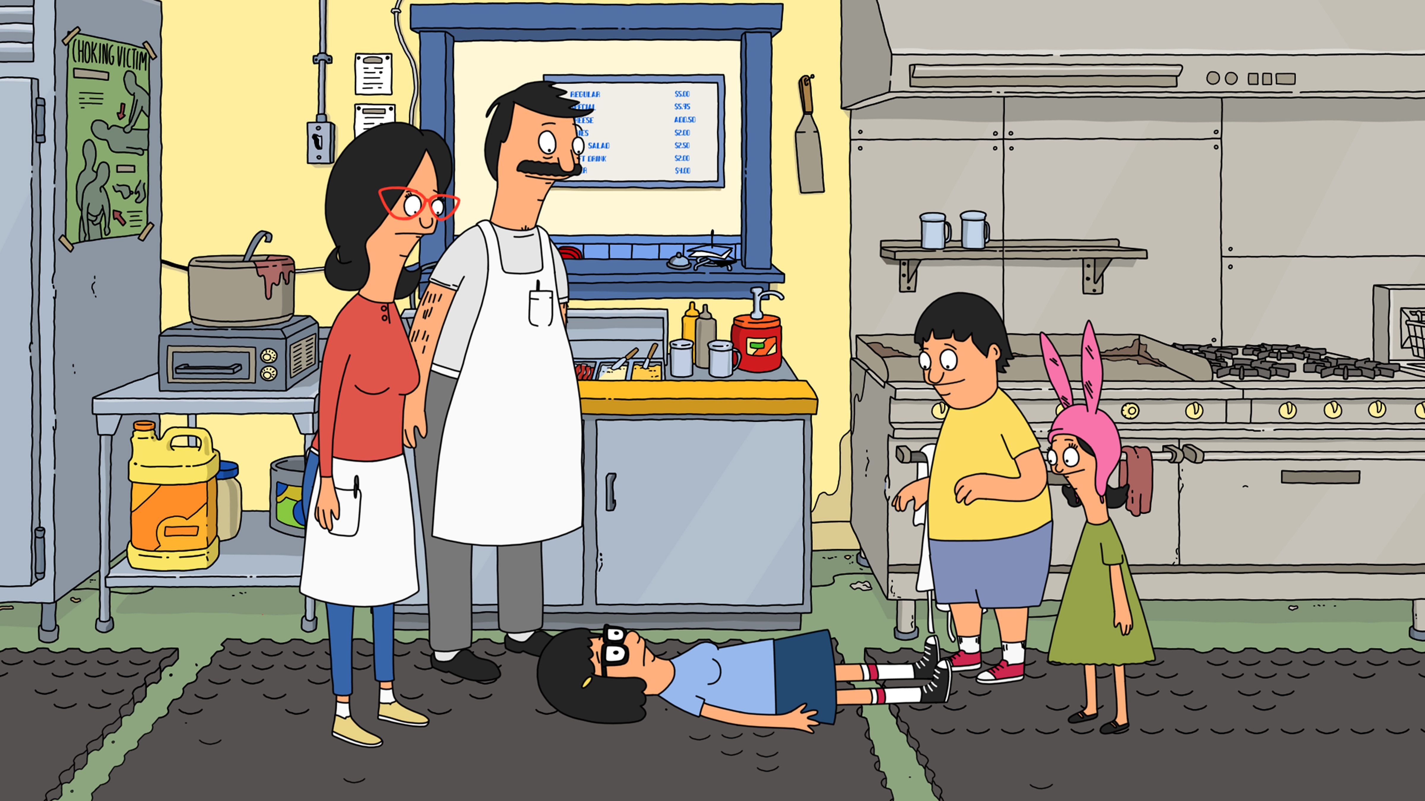 Animated family of two adults and three kids in a restaurant kitchen, with one child lying on the floor. The scene is humorous and casual