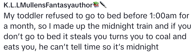 Text reads: "My toddler refused to go to bed before 1:00 am for a month, so I made up the midnight train…" and explains how it tricks the toddler into going to bed