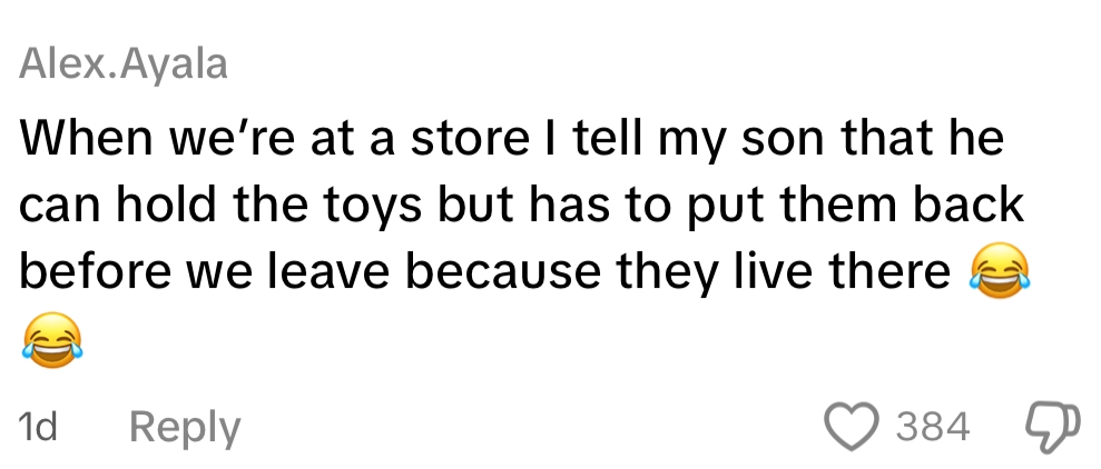 Comment about telling a child at a store that toys "live there" and must be put back. Two laughing emojis