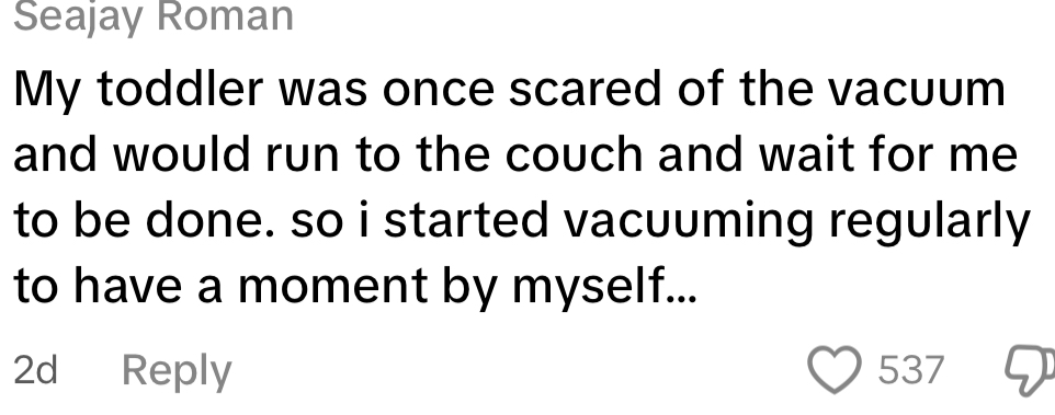 Text screenshot of a humorous parenting story about a toddler being scared of the vacuum, allowing the parent some quiet time