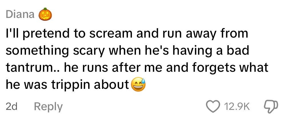 Comment by Diana about distracting a child during a tantrum by pretending to be scared, resulting in the child forgetting their distress