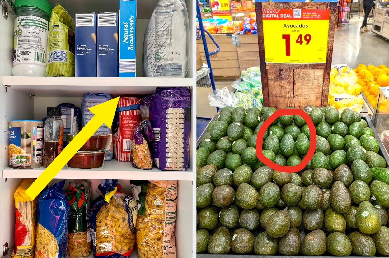 A kitchen cabinet with various packaged foods; a store display with avocados on sale for $1.49 each