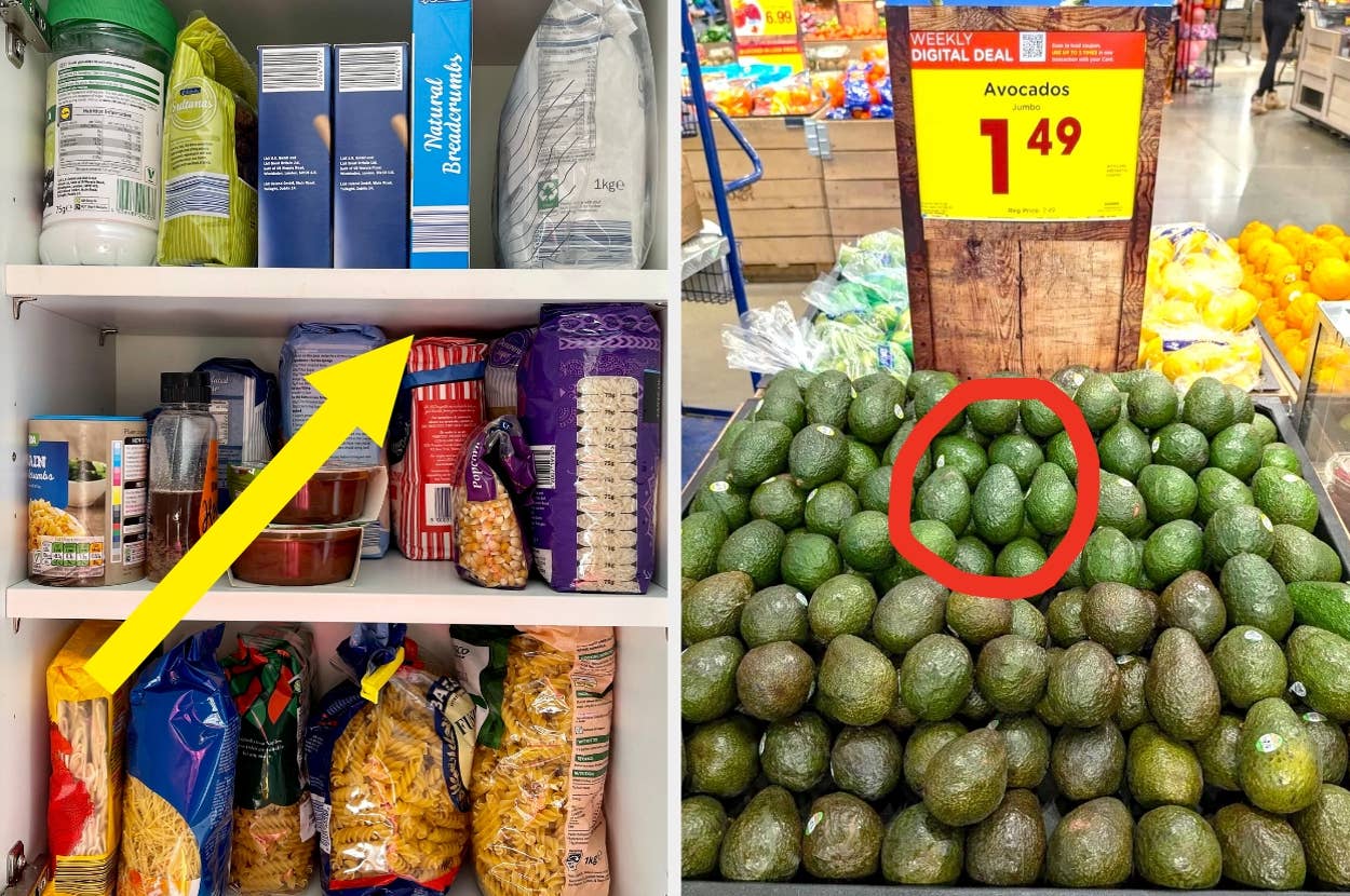 A kitchen cabinet with various packaged foods; a store display with avocados on sale for \$1.49 each