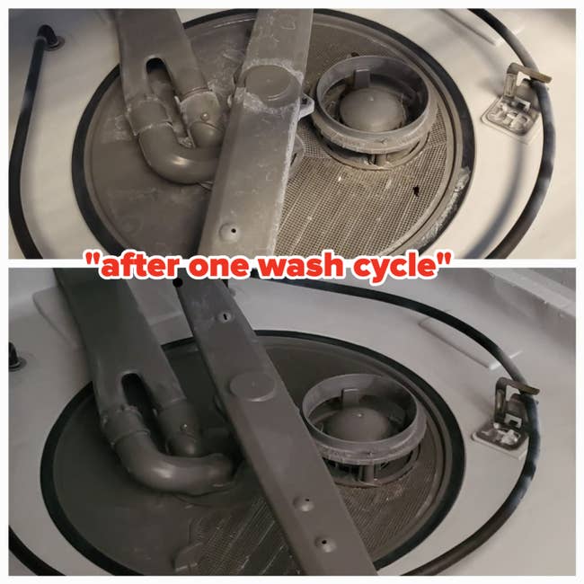 A reviewer's dishwasher earlier (with residue) and aft (with nary residue)