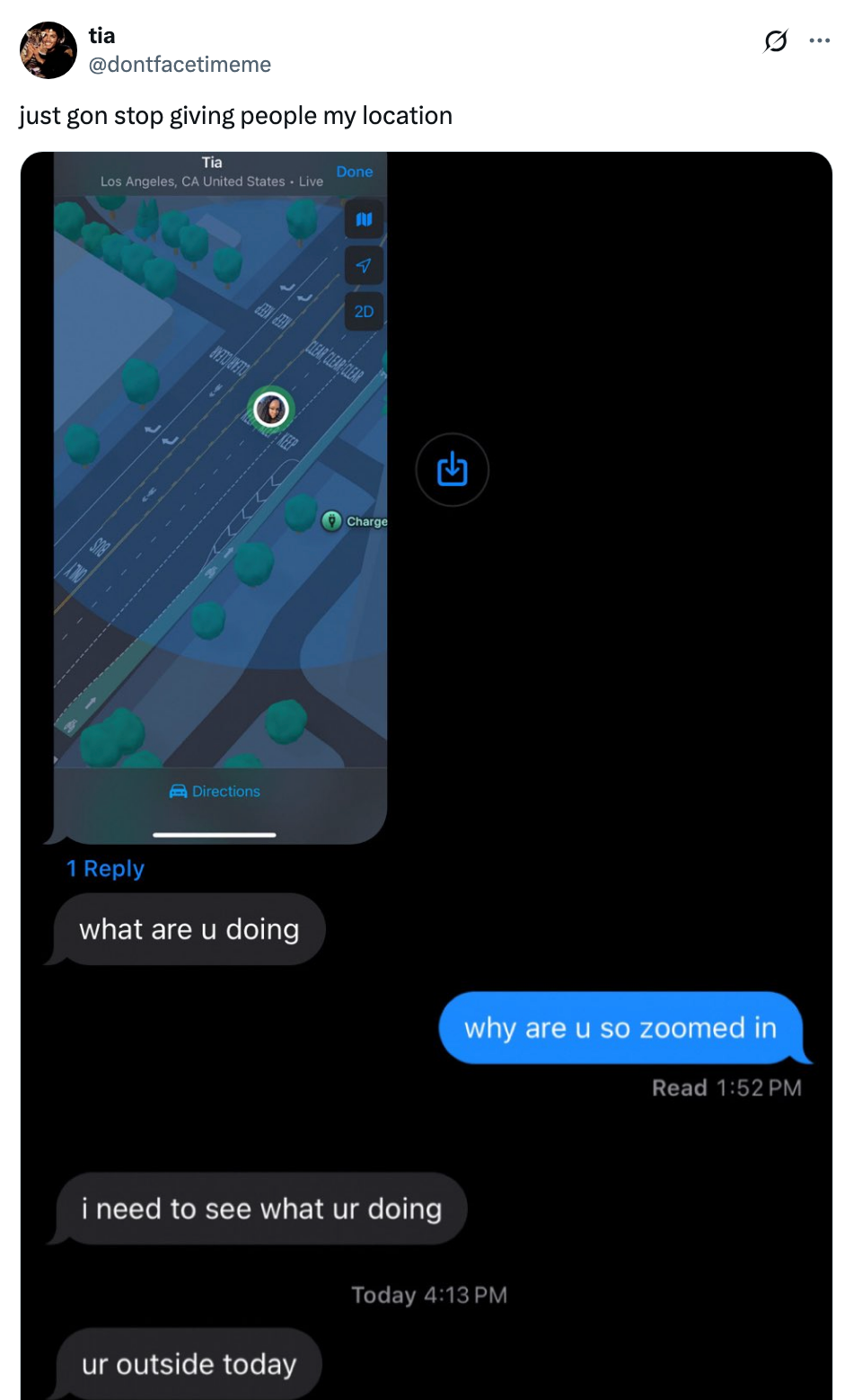A GPS map screenshot shared on social media, with texts humorously questioning the need to see precise locations